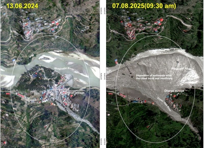 उत्तरकाशी के धरली गांव के फ्लैशफ्लड छवियों से पहले और बाद में इसरो रिलीज़ करता है